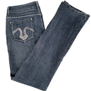 Give Me 5ive Mid Rise Denim Stretch Blue Jeans Bling Back Pocket Juniors Size 13